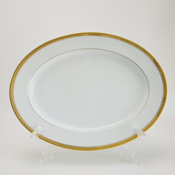Noritake Richmond 13" Oval Platter White Base Gold Etched Band Elegant Dining - Picture 2 of 9